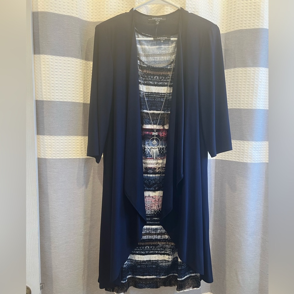 BNWT - Women’s size 14P dress with 3/4 sleeve matching over shirt and necklace